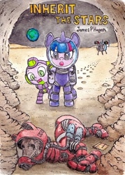 Size: 452x631 | Tagged: safe, artist:daisymane, imported from derpibooru, spike, twilight sparkle, dragon, pony, unicorn, bone, duo, duo male and female, female, horn, male, mare, skeleton, spaceship, spacesuit, text, traditional art, watercolor painting