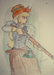 Size: 1477x2068 | Tagged: safe, artist:daisymane, imported from derpibooru, applejack, human, axe, female, gun, humanized, rifle, solo, traditional art, watercolor painting, weapon