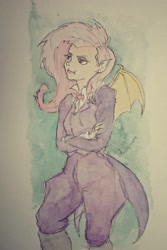 Size: 1477x2217 | Tagged: safe, artist:daisymane, imported from derpibooru, fluttershy, bat pony, human, bat ponified, clothes, crossed arms, flutterbat, humanized, race swap, solo, suit, traditional art, watercolor painting, winged humanization, wings