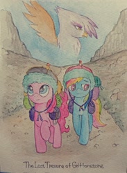 Size: 1501x2048 | Tagged: safe, artist:daisymane, imported from derpibooru, gilda, pinkie pie, rainbow dash, earth pony, griffon, pegasus, pony, the lost treasure of griffonstone, hat, traditional art, trio, watercolor painting