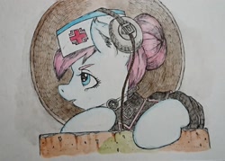 Size: 2077x1484 | Tagged: safe, artist:daisymane, imported from derpibooru, nurse redheart, earth pony, pony, bust, clothes, female, headset, mare, solo, traditional art, uniform, watercolor painting