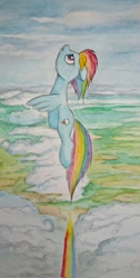 Size: 1031x2048 | Tagged: safe, artist:daisymane, imported from derpibooru, rainbow dash, pegasus, pony, female, flying, looking up, mare, sky, solo, traditional art, watercolor painting, windswept mane