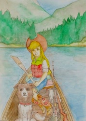 Size: 504x707 | Tagged: safe, artist:daisymane, imported from derpibooru, applejack, winona, dog, human, boat, duo, fishing rod, gun, lake, lifejacket, looking at you, oar, rifle, traditional art, water, watercolor painting, weapon