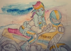 Size: 2048x1463 | Tagged: safe, artist:daisymane, imported from derpibooru, rainbow dash, human, equestria girls, cigarette, female, frown, helmet, motorcycle, smoking, solo, traditional art, watercolor painting