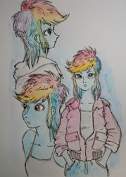 Size: 1563x2188 | Tagged: safe, artist:daisymane, imported from derpibooru, rainbow dash, human, equestria girls, clothes, female, hand in pocket, jacket, looking at you, solo, traditional art, watercolor painting