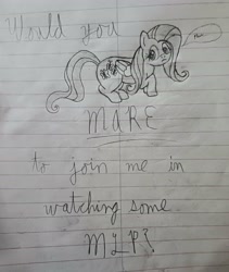 Size: 2808x3326 | Tagged: safe, artist:sewaddle36, derpibooru exclusive, imported from derpibooru, fluttershy, pegasus, pony, crouching, female, lined paper, note, pencil drawing, pun, shy, solo, speech bubble, text, traditional art