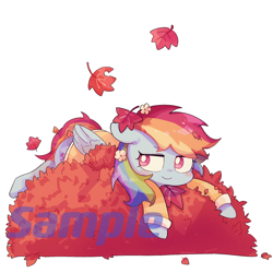 Size: 2000x2000 | Tagged: safe, artist:muningaiyc, imported from derpibooru, rainbow dash, pegasus, pony, autumn leaves, clothes, female, flower, flower in hair, leaf, leaf pile, leaves, mare, sample, simple background, solo, text, white background