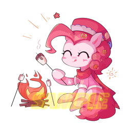 Size: 2000x2000 | Tagged: safe, artist:muningaiyc, imported from derpibooru, pinkie pie, earth pony, pony, campfire, clothes, eyes closed, female, food, hat, mare, marshmallow, sample, scarf, simple background, solo, stick, tongue out, white background