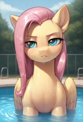 Size: 832x1216 | Tagged: safe, imported from derpibooru, fluttershy, pegasus, pony, ai content, ai generated, bust, ear fluff, female, fluttershy is not amused, front view, frown, furrowed brow, mare, partially submerged, prompter:ponyparodycontent, sitting, solo, swimming pool, unamused, wet, wet mane