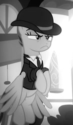 Size: 523x888 | Tagged: safe, imported from derpibooru, screencap, rainbow dash, pegasus, pony, season 9, sparkle's seven, spoiler:s09, bowler hat, cropped, female, grayscale, hat, investigator dash, mare, monochrome, rainbow dash always dresses in style, solo