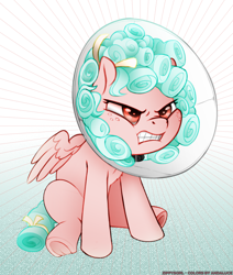 Size: 1410x1665 | Tagged: safe, alternate version, artist:andaluce, artist:zippysqrl, color edit, derpibooru exclusive, edit, imported from derpibooru, cozy glow, pegasus, pony, angry, colored, elizabethan collar, female, filly, foal, frog (hoof), gradient background, grayscale, hoofbutt, monochrome, sitting, solo, underhoof