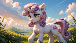 Size: 3840x2176 | Tagged: safe, imported from derpibooru, sweetie belle, pony, unicorn, ai content, ai generated, cloud, cute, cutie mark, diasweetes, female, horn, meadow, mountain, older, older sweetie belle, prompter:truekry, river, scenery, sky, solo, tall grass, teenager, wallpaper, water