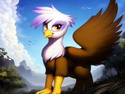 Size: 1280x960 | Tagged: safe, derpibooru exclusive, imported from derpibooru, prompter:mfg637, gilda, griffon, ai content, ai generated, female, generator:resonance cascade lite, generator:stable cascade, outdoors, solo, spread wings, wings