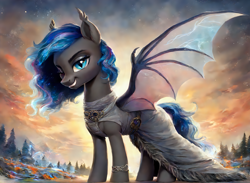 Size: 6912x5056 | Tagged: safe, imported from derpibooru, bat pony, pony, ai content, ai generated, forest, generator:pony diffusion v6 xl, generator:stable diffusion, morning, nature, one eye closed, prompter:radioglitch, smiling, smirk, tree, wink