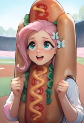 Size: 832x1216 | Tagged: safe, imported from derpibooru, fluttershy, human, equestria girls, ai content, ai generated, baseball field, clothes, costume, food, generator:civitai, generator:pony diffusion v6 xl, generator:stable diffusion, hot dog, hot dog costume, ketchup, meat, mustard, outdoors, prompter:tttesttester123, relish, sauce, sausage, solo, sports, summer