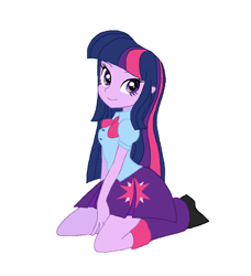 Size: 1288x1412 | Tagged: safe, artist:cheesesauce_45, imported from derpibooru, part of a set, twilight sparkle, equestria girls, boots, bow, clothes, colored lineart, cutie mark, cutie mark on clothes, cutie mark on skirt, eyelashes, female, kneeling, leg warmers, long hair, looking back, neck bow, old art, pixel-crisp art, puffy sleeves, purple eyes, purple skin, shirt, shoes, simple background, skirt, smiling, solo, straight hair, three quarter view, three toned hair, white background