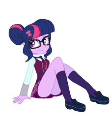 Size: 1288x1412 | Tagged: safe, artist:cheesesauce_45, imported from derpibooru, part of a set, sci-twi, twilight sparkle, equestria girls, bangs, clothes, crystal prep academy uniform, cutie mark accessory, cutie mark hair accessory, dress shoes, female, glasses, hair accessory, hair bun, kneesocks, looking away, necktie, old art, pixel-crisp art, plaid skirt, purple eyes, purple skin, school tie, school uniform, schoolgirl, shirt, shoes, simple background, sitting, skirt, socks, solo, thighs, three quarter view, three toned hair, tied hair, white background