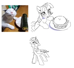 Size: 1473x1361 | Tagged: safe, artist:cheesesauce_45, imported from derpibooru, part of a set, twilight sparkle, alicorn, pony, unicorn, bangs, big eyes, burger, cute, duality, eyelashes, female, folded wings, food, hay burger, hooves on the table, looking at you, looking up, mare, missing cutie mark, monochrome, old art, open mouth, open smile, profile, redraw, simple background, sitting, smiling, smiling at you, sparkly eyes, standing, that pony sure does love burgers, three quarter view, twiabetes, twilight burgkle, twilight sparkle (alicorn), unicorn twilight, white background, wingding eyes, wings