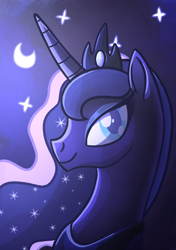 Size: 1756x2500 | Tagged: safe, artist:usuotukasjuodukas, imported from derpibooru, princess luna, alicorn, pony, bust, crescent moon, crown, ethereal mane, female, jewelry, mare, moon, night, portrait, regalia, smiling, solo, stars