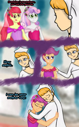 Size: 1280x2040 | Tagged: safe, artist:deannaphantom13, imported from derpibooru, apple bloom, scootaloo, sweetie belle, human, equestria girls, adopted, adopted daughter, adopted offspring, alternate universe, bride, choker, cinderella, clothes, comforting, comic, commission, crossover, cute, cutie mark crusaders, daaaaaaaaaaaw, dress, eyes closed, female, floral head wreath, flower, flower girl, flower girl dress, frown, hand on shoulder, headcanon in the description, hug, mother and child, mother and daughter, orphan, sad, scootadoption, scootalove, smiling, story included, veil, wedding dress, wedding veil