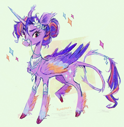 Size: 1020x1045 | Tagged: safe, artist:lutraviolet, imported from derpibooru, twilight sparkle, alicorn, pony, abstract background, alternate accessories, alternate color palette, alternate cutie mark, alternate design, alternate eye color, alternate hairstyle, alternate mane color, alternate tail color, alternate tailstyle, bangles, chest fluff, cloven hooves, coat markings, colored fetlocks, colored hooves, colored horn, colored wings, colored wingtips, ear fluff, ear tufts, facial markings, folded wings, glasses, hair bun, hatching (technique), hooves, horn, jewelry, laurel wreath, leonine tail, long horn, multicolored mane, multicolored tail, multicolored wings, necklace, pink hooves, purple coat, purple wingtips, raised leg, redesign, round glasses, signature, small glasses, socks (coat markings), solo, sparkly mane, sparkly tail, sparkly wings, sparkly wingtips, standing on three hooves, star (coat marking), tail, tail fluff, thin tail, three quarter view, tied mane, twilight sparkle (alicorn), wall of tags, wings, yellow eyes