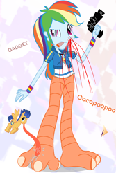 Size: 1000x1501 | Tagged: safe, artist:butthairy, edit, imported from derpibooru, flash sentry, rainbow dash, pegasus, pony, equestria girls, blood, blunt, chicken legs, feet, fetish, foot fetish, foot worship, four ears, gun, impossibly long tongue, licking, licking foot, long tongue, nosebleed, smoking, speech bubble, tongue out, wat, weapon, wtf