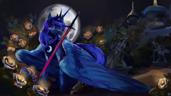 Size: 2560x1440 | Tagged: safe, artist:krapinkaius, imported from derpibooru, princess luna, alicorn, pony, female, flower, full moon, garden, mare, moon, solo, statue, sword, weapon