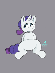 Size: 2048x2732 | Tagged: safe, artist:fursicle, imported from derpibooru, rarity, pony, unicorn, digital art, female, gray background, horn, lidded eyes, lightly watermarked, looking away, looking to the left, mare, simple background, simple shading, sitting, solo, watermark, white fur