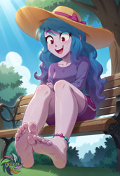 Size: 2496x3648 | Tagged: safe, imported from derpibooru, izzy moonbow, human, equestria girls, ai content, ai generated, anklet, bench, blurry background, day, equestria girls-ified, feet, female, fetish, foot fetish, foot focus, g5, g5 to equestria girls, g5 to g4, generation leap, grass, happy, hat, jewelry, outdoors, prompter:trux23, sitting, soles, solo, solo female, sun hat, toes, tree