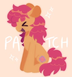 Size: 1009x1073 | Tagged: safe, artist:mlpnightcreluvr, imported from derpibooru, patch (g1), earth pony, pony, ><, colored pinnae, eyes closed, floppy ears, g1, lineless, long mane, long tail, open mouth, open smile, orange backgrund, orange coat, red mane, red tail, shiny mane, shiny tail, sitting, smiling, solo, sparkles, tail, text, white text