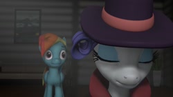 Size: 1280x720 | Tagged: safe, artist:midnightdanny, rainbow dash, rarity, pony, 3d, detective rarity, duo, eyes closed, female, hat, mare