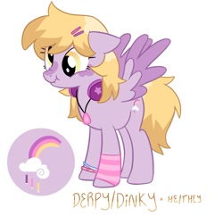 Size: 1009x977 | Tagged: safe, artist:mlpnightcreluvr, imported from derpibooru, derpy hooves, dinky hooves, oc, pegasus, pony, alternate cutie mark, base used, blonde mane, blonde tail, clothes, coat markings, colored wings, derp, facial markings, floppy ears, gradient eyes, hair accessory, hairclip, headphones, hoofless socks, jewelry, kinsona, mane accessory, necklace, offspring, pegasus oc, pride, pride flag, purple coat, purple wingtips, simple background, snip (coat marking), socks, solo, spread wings, striped socks, tail, three quarter view, transgender pride flag, two toned mane, two toned tail, two toned wings, two toned wingtips, white background, wings, wristband, yellow eyes