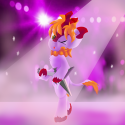 Size: 2048x2048 | Tagged: safe, artist:dianetgx, imported from derpibooru, oc, oc only, oc:karenina senna, kirin, :p, bipedal, cloven hooves, fog, guitar, kirin oc, leg hold, musical instrument, rainbow rocks 10th anniversary, spotlight, stage, tongue out