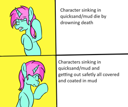 Size: 1200x1000 | Tagged: safe, artist:amateur-draw, imported from derpibooru, oc, oc only, oc:belle boue, pony, unicorn, cringing, disgusted, eyes closed, horn, hotline bling, implied mud, implied quicksand, meme, meme edit, mud, ponified, ponified meme, quicksand, smiling, solo, stallion oc, unicorn oc