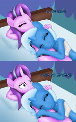 Size: 2500x4000 | Tagged: safe, artist:anonymousandrei, derpibooru exclusive, imported from derpibooru, starlight glimmer, trixie, anthro, plantigrade anthro, pony, unicorn, 2 panel comic, bed, bedroom, clothes, comic, cuddling, duo, duo female, female, horn, lesbian, mare, on bed, petting, shipping, song reference, startrix, underwear