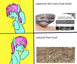 Size: 1200x1000 | Tagged: safe, artist:amateur-draw, imported from derpibooru, oc, oc only, oc:belle boue, pony, unicorn, cringing, eyes closed, horn, hotline bling, meme, mud, mud mask, ponified, ponified meme, smiling, solo, unicorn oc