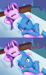 Size: 2500x4000 | Tagged: safe, artist:anonymousandrei, derpibooru exclusive, imported from derpibooru, starlight glimmer, trixie, anthro, plantigrade anthro, pony, unicorn, 2 panel comic, bed, bedroom, clothes, comic, cuddling, duo, duo female, female, horn, lesbian, mare, on bed, petting, shipping, song reference, startrix, underwear