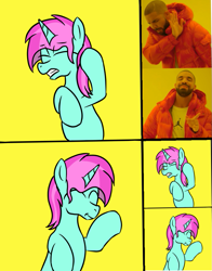 Size: 783x1000 | Tagged: safe, artist:amateur-draw, imported from derpibooru, oc, oc only, oc:belle boue, pony, unicorn, cringing, exploitable meme, eyes closed, horn, hotline bling, male, meme, meme edit, memeception, op is a duck, op is drunk, ponified, ponified meme, smiling, solo, stallion, unicorn oc