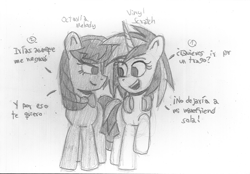 Size: 1693x1180 | Tagged: safe, artist:rosa ushiromiya, imported from derpibooru, dj pon-3, octavia melody, vinyl scratch, earth pony, pony, unicorn, duo, duo female, female, horn, lesbian, looking at each other, looking at someone, mare, monochrome, scratchtavia, shipping, spanish, traditional art