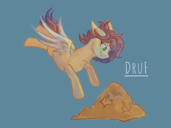 Size: 1862x1396 | Tagged: safe, artist:druf, artist:druf_draws, imported from derpibooru, oc, oc only, oc:health burst, pegasus, pony, art, autumn, blue background, blue hair, digital art, full body, gradient mane, green eyes, jumping, leaves, light skin, pile, red hair, simple background, sketch, smiling, solo, soul kids