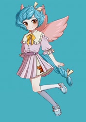 Size: 1600x2263 | Tagged: safe, artist:manbanpai40688, imported from derpibooru, cozy glow, human, clothes, eared humanization, humanized, shirt, skirt, solo, spread wings, tail, tailed humanization, winged humanization, wings