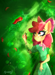 Size: 2010x2720 | Tagged: safe, artist:marihht, imported from derpibooru, apple bloom, anthro, earth pony, apple, clothes, dress, food, grin, neckerchief, smiling, solo