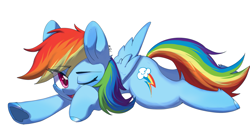 Size: 2067x1081 | Tagged: safe, artist:xinjinjumin378020827633, imported from derpibooru, rainbow dash, pegasus, pony, female, looking at you, lying down, mare, one eye closed, open mouth, prone, simple background, smiling, solo, white background