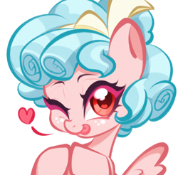 Size: 2560x2518 | Tagged: safe, artist:super阿芙瑞ya, imported from derpibooru, cozy glow, pegasus, pony, ;p, bust, colored eyelashes, female, filly, foal, heart, hooves together, looking at you, one eye closed, pink eyelashes, portrait, simple background, solo, spread wings, tongue out, white background, wings