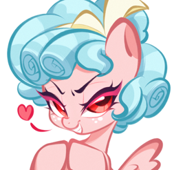 Size: 2560x2518 | Tagged: safe, artist:super阿芙瑞ya, imported from derpibooru, cozy glow, pegasus, pony, bust, colored eyelashes, evil grin, female, filly, foal, grin, heart, hooves together, looking at you, pink eyelashes, portrait, simple background, smiling, solo, spread wings, white background, wings