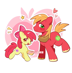 Size: 1596x1620 | Tagged: safe, artist:guiiy电离诡, imported from derpibooru, apple bloom, big macintosh, earth pony, pony, abstract background, adorabloom, brother and sister, cute, female, filly, foal, heart, looking at you, male, one eye closed, open mouth, outline, siblings, smiling, stallion, stars, text, white outline, wink