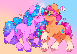 Size: 2047x1451 | Tagged: safe, artist:cocopudu, imported from derpibooru, izzy moonbow, sunny starscout, earth pony, pony, unicorn, alternate design, beard, blush lines, blushing, bracelet, chest fluff, cloven hooves, coat markings, colored eyebrows, colored hooves, colored horn, concave belly, curly mane, curly tail, curved horn, duo, duo female, exclamation point, eye clipping through hair, eyebrows, eyebrows visible through hair, eyelashes, facial hair, female, floating heart, g5, glowing, glowing horn, gradient background, gradient legs, gradient mane, gradient tail, green eyes, hair accessory, hair tie, heart, hooves, horn, jewelry, kissing, lesbian, long mane, long tail, mane stripe sunny, mare, moonscout, multicolored background, multicolored mane, multicolored tail, pink coat, pink hooves, pink mane, pink tail, profile, purple hooves, raised hoof, raised leg, shiny mane, shiny tail, shipping, signature, socks (coat markings), speech bubble, standing, standing on two hooves, striped mane, tail, tail accessory, tail tie, tied tail, unicorn beard, unshorn fetlocks, wall of tags, watermark, white magic, white pupils