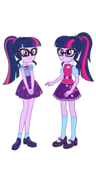 Size: 1080x1920 | Tagged: safe, artist:greywolf2021, imported from derpibooru, sci-twi, twilight sparkle, human, equestria girls, alternate hairstyle, clothes, duo, duo female, female, geode of telekinesis, glasses, hairstyle, happy, laughing, long socks, magical geodes, my little pony equestria girls: better together, nerd, ponytail, sci-twi outfits, shirt, shoes, siblings, simple background, skirt, smiling, socks, teenager, teeth, transparent background, twins, twolight, vector