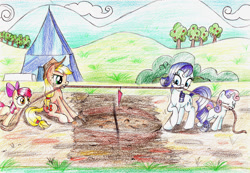 Size: 1300x898 | Tagged: safe, artist:sirzi, imported from derpibooru, apple bloom, applejack, rarity, sweetie belle, sisterhooves social, female, mud, pulling, siblings, sisters, traditional art, tug of war