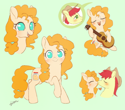 Size: 1024x904 | Tagged: safe, artist:sion, imported from derpibooru, bright mac, pear butter, earth pony, pony, blushing, brightbutter, bust, cute, dexterous hooves, eyes closed, female, floating heart, green background, guitar, heart, kiss on the lips, kissing, looking at you, male, mare, musical instrument, no pupils, open mouth, open smile, pearabetes, shipping, signature, simple background, smiling, smiling at you, solo focus, straight